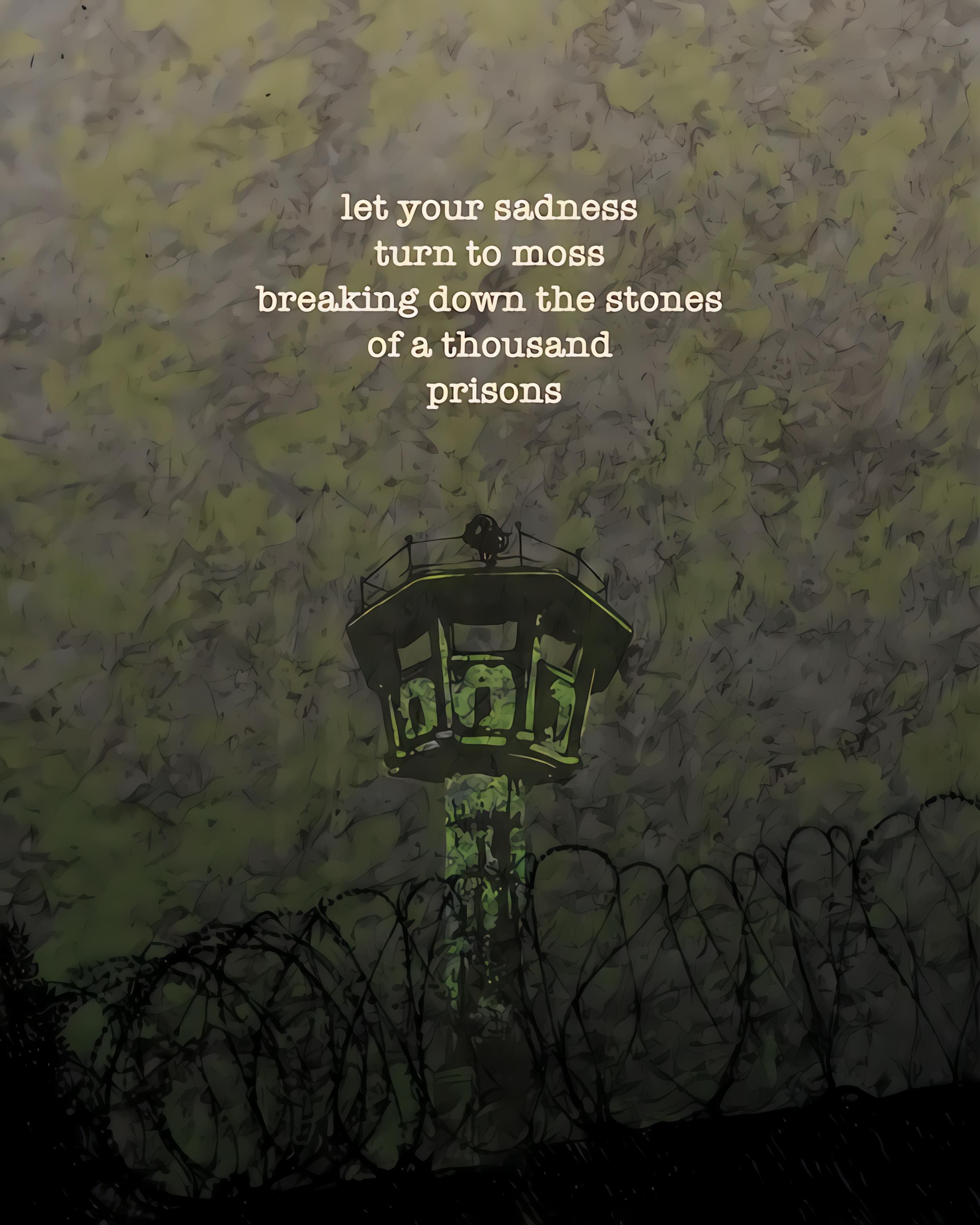 Let your sadness turn to moss breaking down the stones of thousand prisons